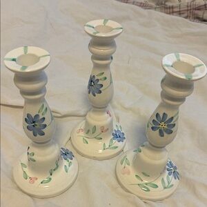 Vintage Hand-Painted Blue Floral Ceramic Candle Holders - Set of 3